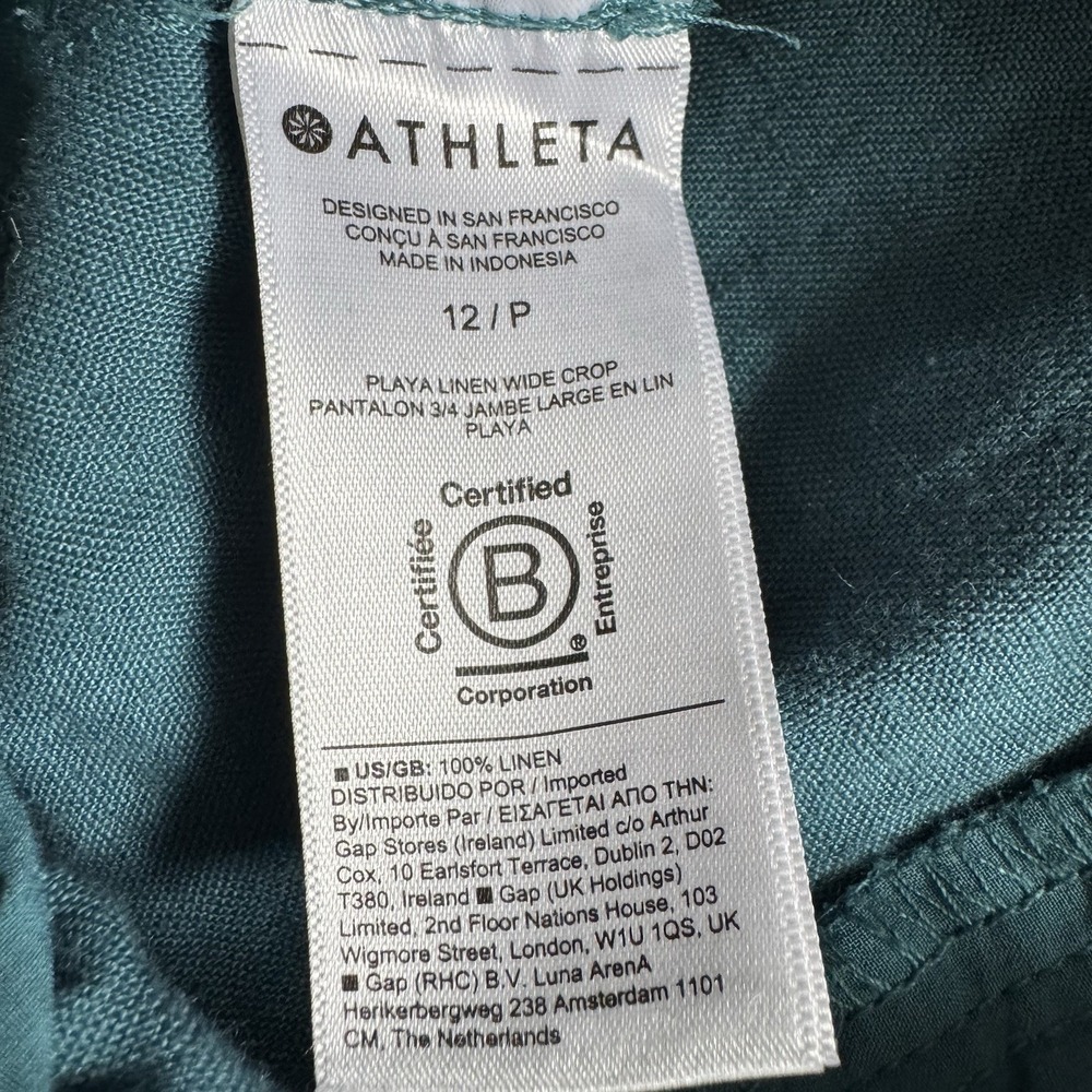 ATHLETA Pants Womens Playa 100% Linen Wide Leg Crop 12 P Zip Pockets Teal Green - Picture 5 of 12